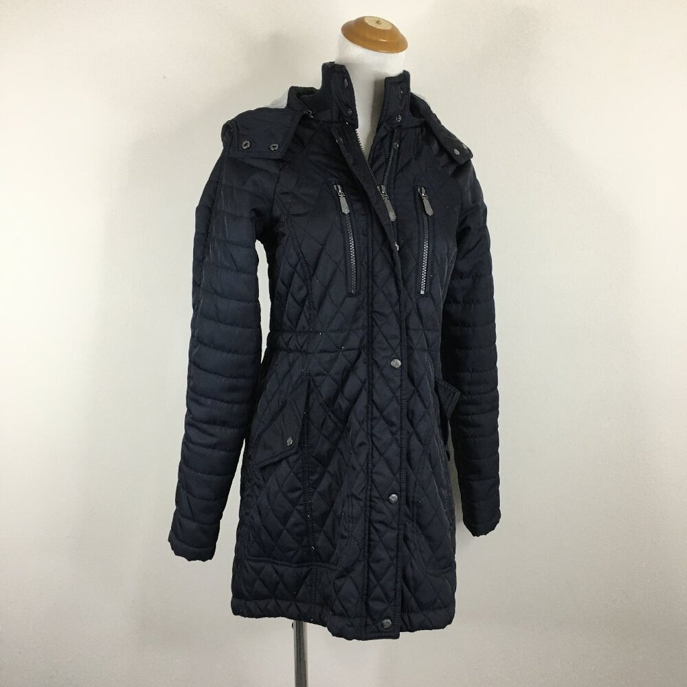 VINCE CAMUTO Dark Blue Quilted Zip Pockets Adj Waist Hem Drawstring Hood Jacket